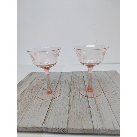 Set of 2 Tiffin Pink Depression Glasses Tall Optic Stemmed Champagne 5 3/8" - Picture 1 of 11